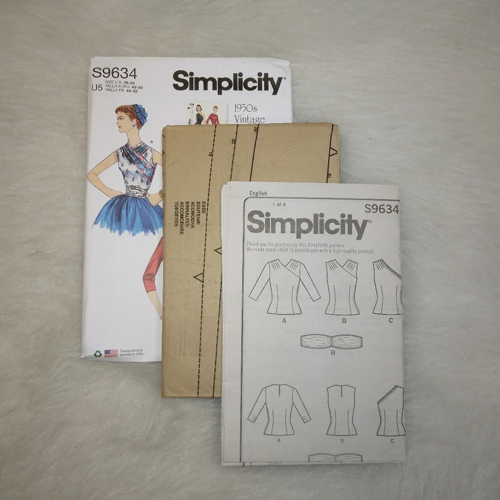 SIMPLICITY S9634 Sz 16-24 Vintage 1950s style Fitted Surplice Blouses in variati